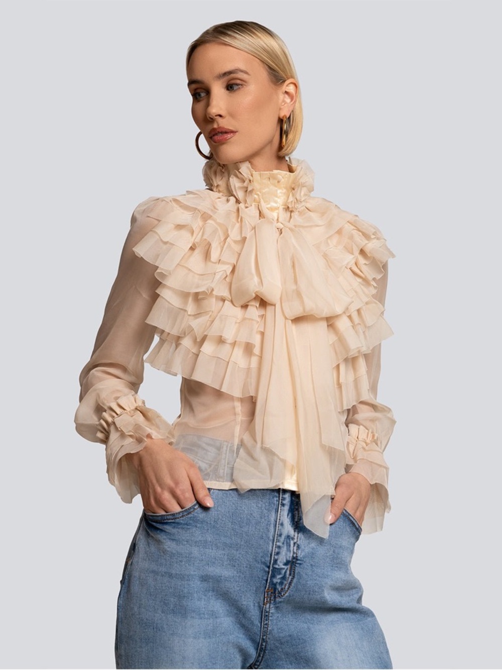Sheer Ruffle Tie-Neck Blouse in Cream